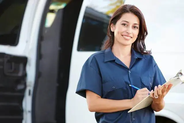 a woman and a van on the background